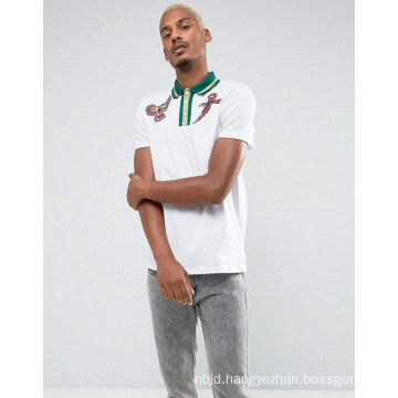 Embroidery Polo Shirt with Bird Embroidery and Metallic Tipped Collar